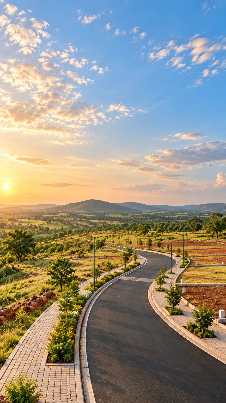 Artist’s impression of a landscaped avenue and open plots in the Dharwad hills