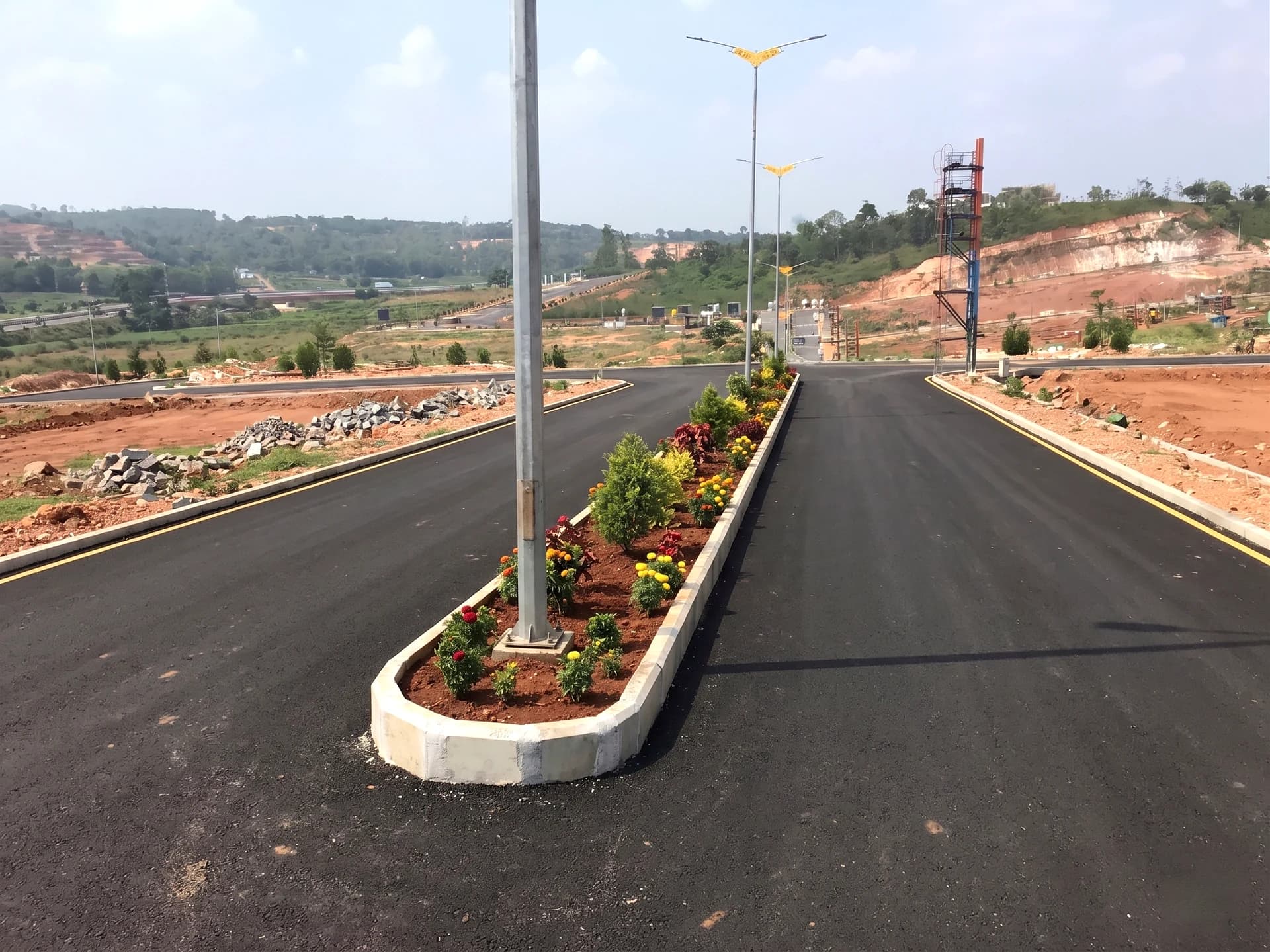 Dual-Lane Asphalt Avenue with Flowering Median