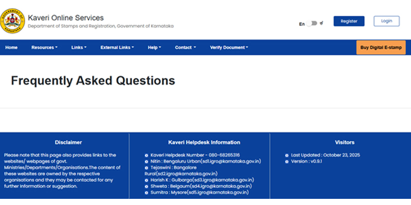 Kaveri Online Services portal for calculating property registration charges in Karnataka.
